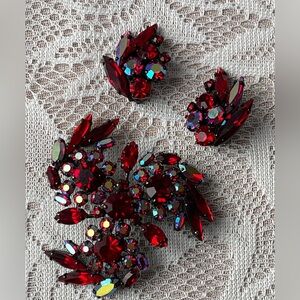 Signed SHERMAN Siam & Aurora Borealis Swarovski Crystal Brooch & Earring Set